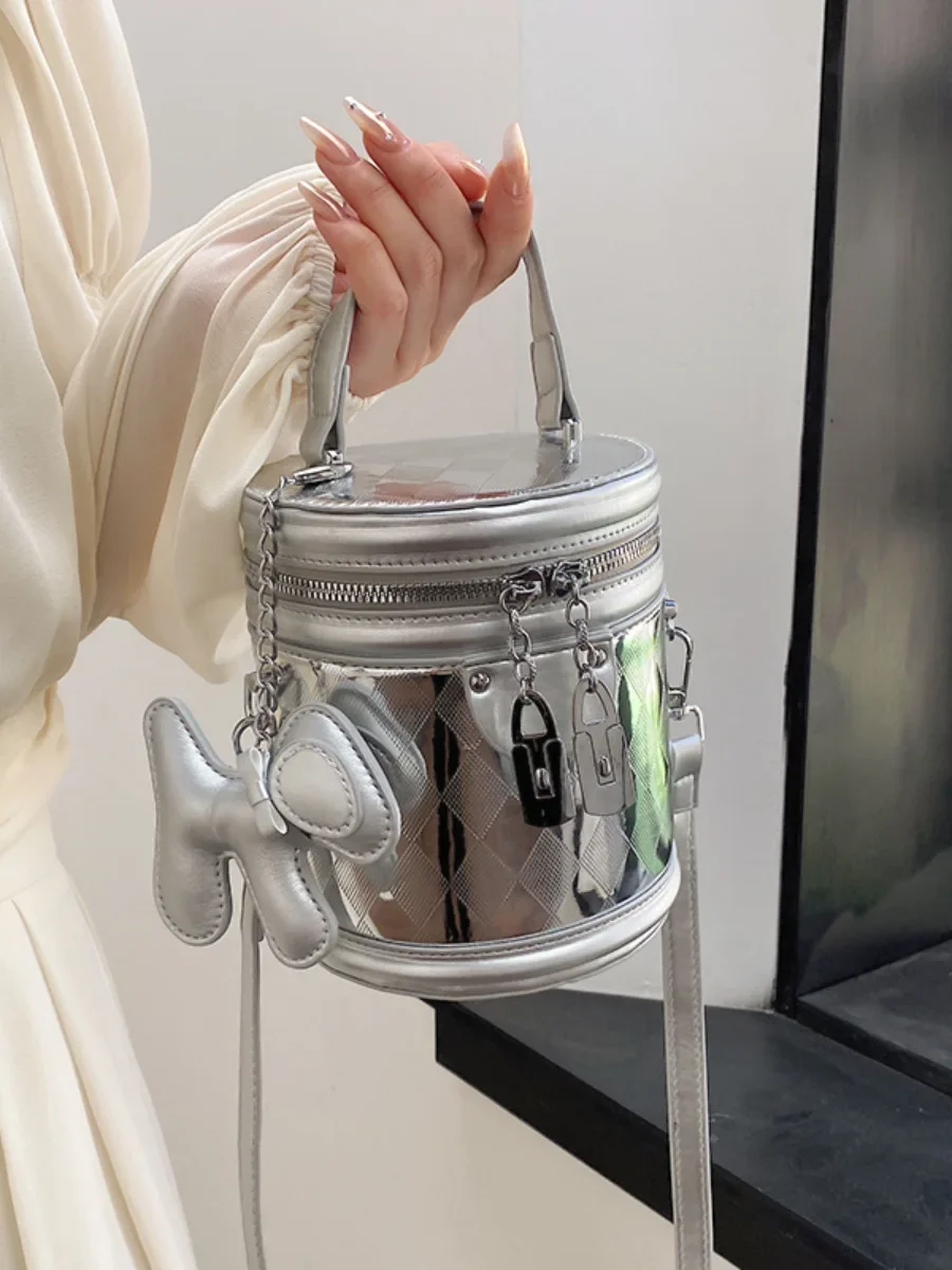 

Модные миниатюрные сумки через плечо в форме цилиндра для женщин, дизайнерская Серебристая наплечная сумка с короткими ручками, дамские сумочки-ведра из искусственной кожи