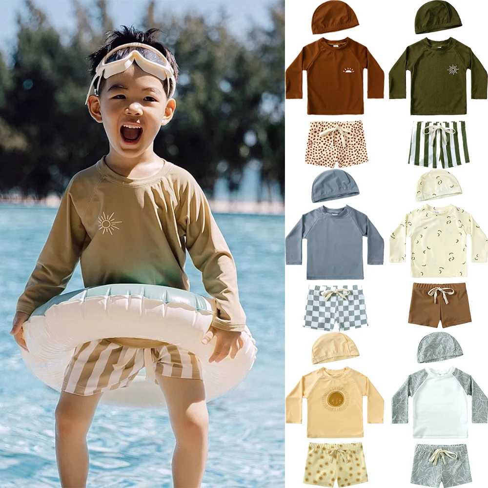 Kids Swimsuits Boys Swim Shorts Summer Vacation Beach Long Sleeve Tops with Hat 1-7T