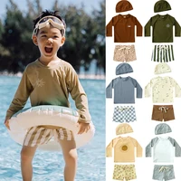 2025 Summer Kids Boy Swimsuits Sun Protection Vacation Beach Pants Long sleeve Tops with Hat Children Surfing Swim Suit 1-7T 1