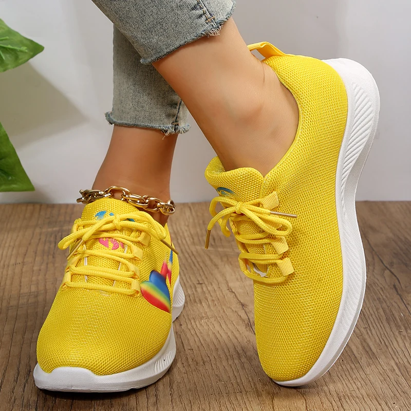 RainbowHeartPrintPlatformSneakersWomenMeshBreathableThickSole