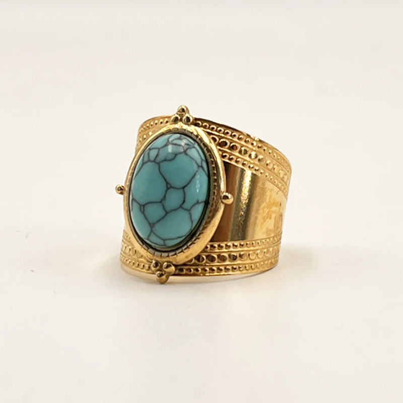 Luxury Turquoise Natural Stone Open Rings for Women 14K Gold