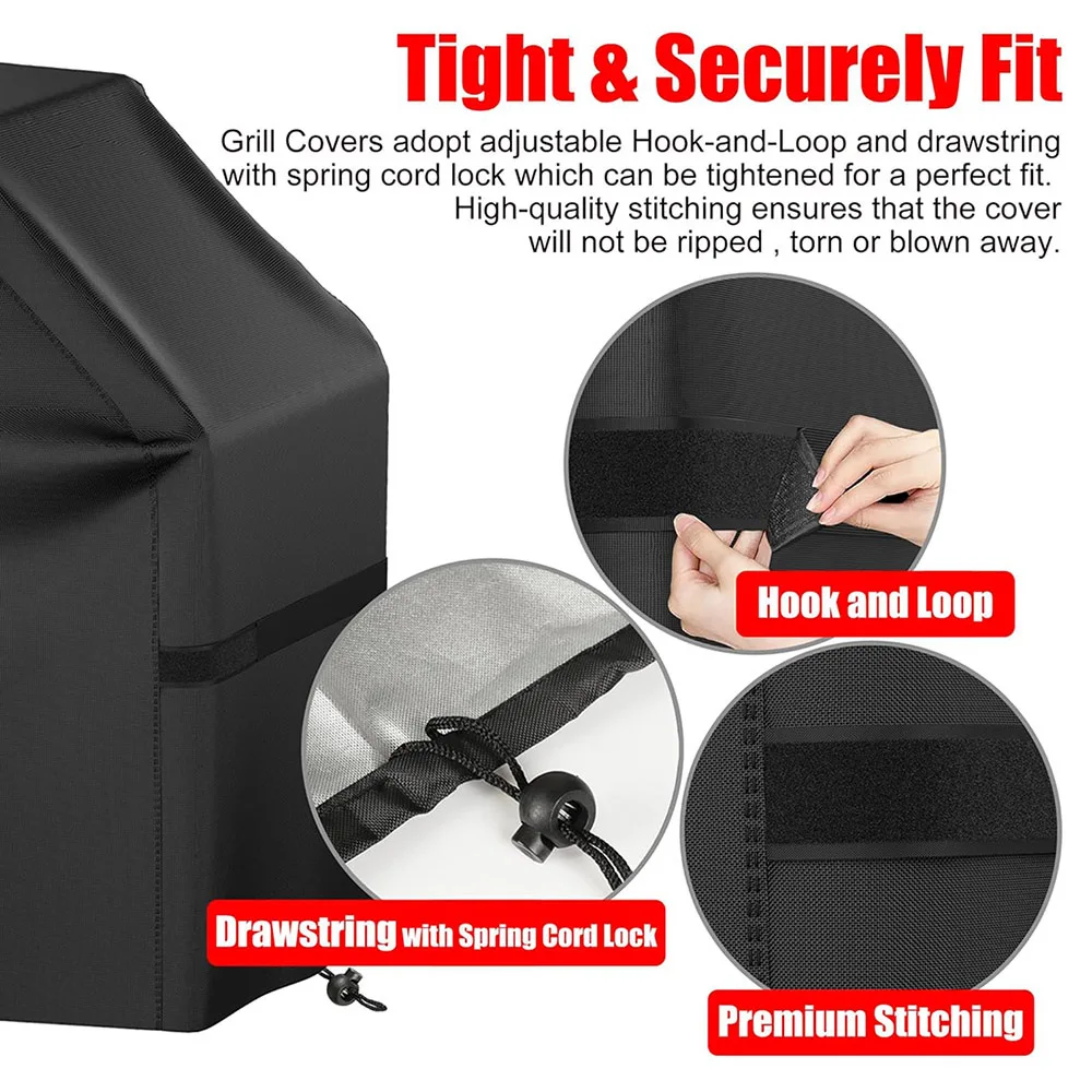 58 inch BBQ Gas Grill Cover for Outdoor Grill, Waterproof, Rip-Proof with Hook-and-Loop Straps & Adjustable Hem Drawstring