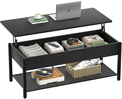 

Table, with Storage Shelf and Hidden Compartment, Modern Lift Top Table for Living Room, Wood Tabletop, Metal Frame - Black Oak