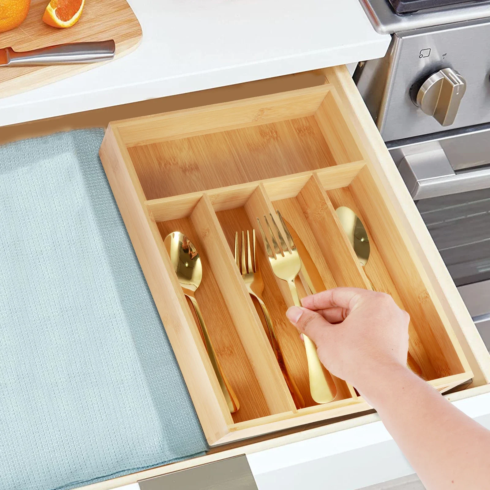 New Kitchen Drawer Cutlery Organizer 5/6 Compartments Bamboo Drawer Box Silverware Tray Durable Kitchen Drawer Organizer Tray 4