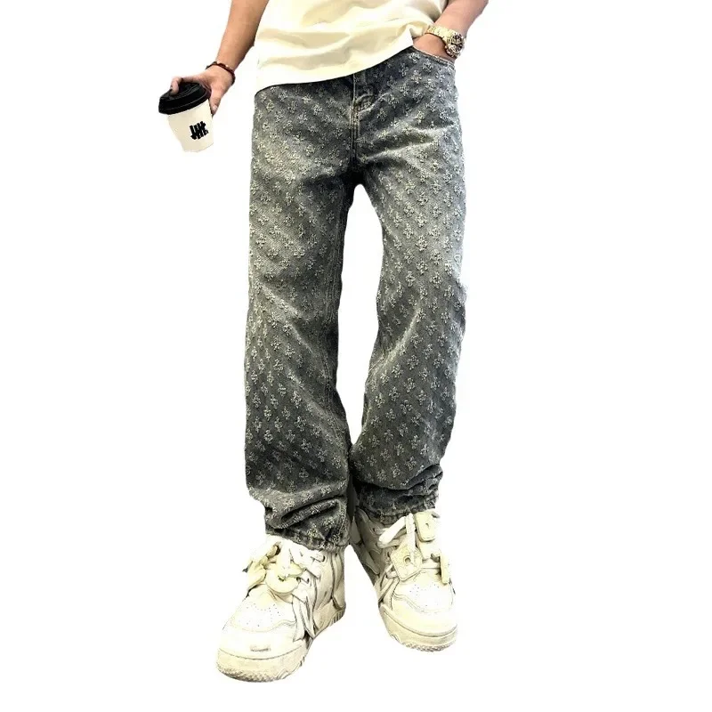 Men Jeans Jacquard Pattern Straight Fitting Wide Distressed Bottoms