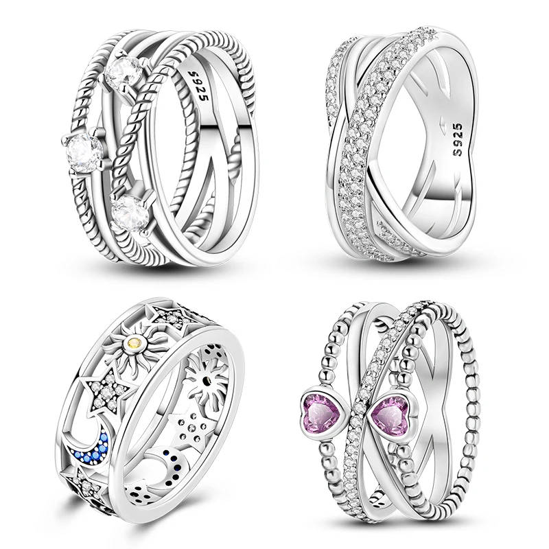 925 Sterling Silver Ring Pink Heart Blue Sun Star Moon Crossover Wide Rings Women Party Birthday Jewelry Silver Gift silver ring