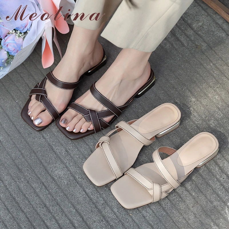 

Meotina Women Genuine Leather Slides Square Toe Block Low Heels Sandals Narrow Band Slippers Ladies Concise Shoes Summer 40