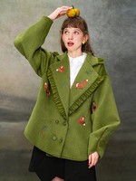 Women's Christmas Green Embroidered Wool Coat, New Arrival, Winter