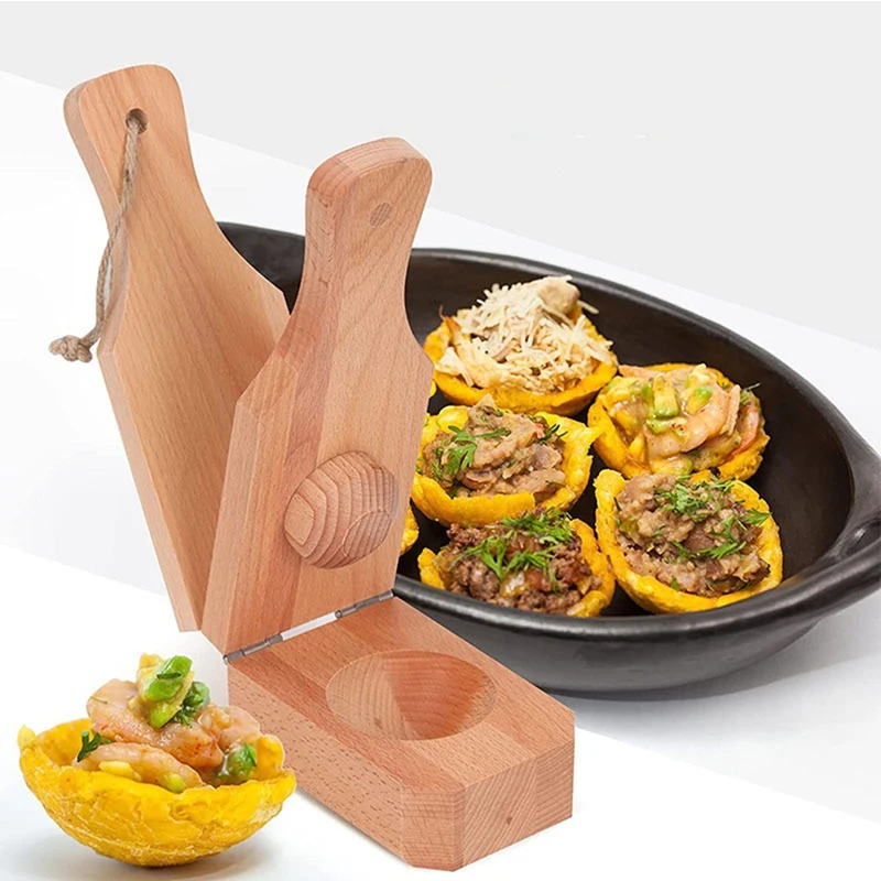 A50I Wooden Tostonera Plantain Press With Handle,2 In 1 Wood Reusable Plantain Press Smasher,Portable Plantain Press 3