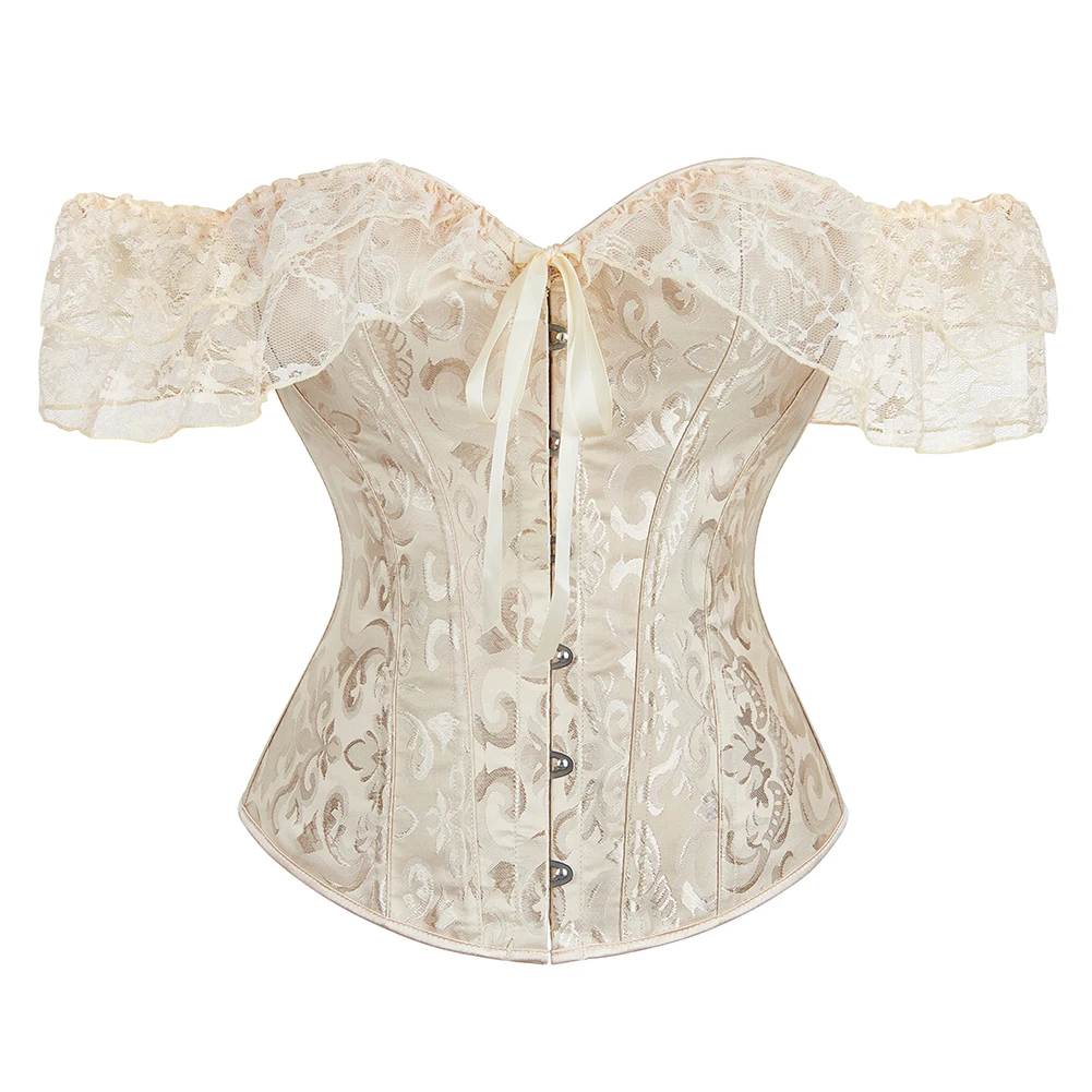 Corset à Manches Courtes en Dentelle, Rouge, Noir, Blanc, Beige, Vert, Steampunk, Bustier