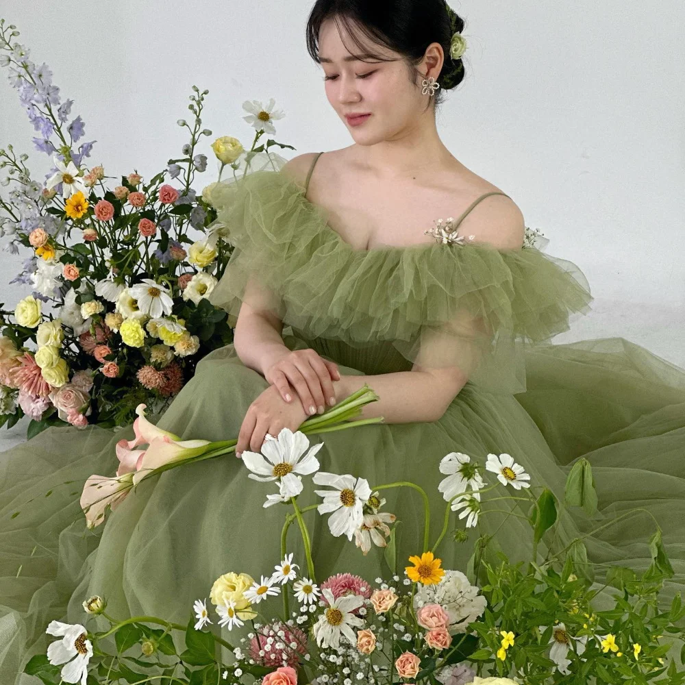 

Serendipity Evening Dress Korea Formal Occasion Floor-Length A-Line Off The Shoulder Tulle Green Ceremony Prom Gown For Women