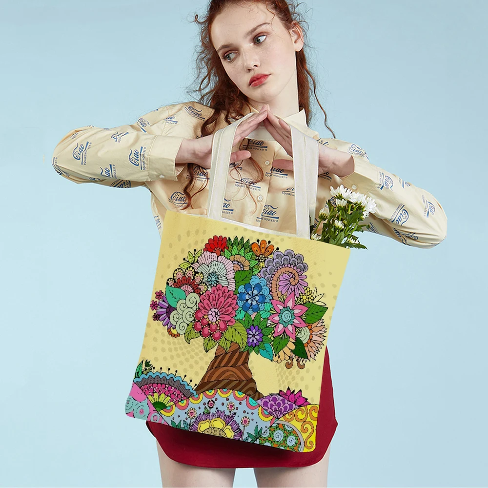 

Cartoon Colorful Tree Women Travel Tote Lady Handbag Both Sided Reusable Casual Canvas Women Shopping Bag Children Shoulder Bags