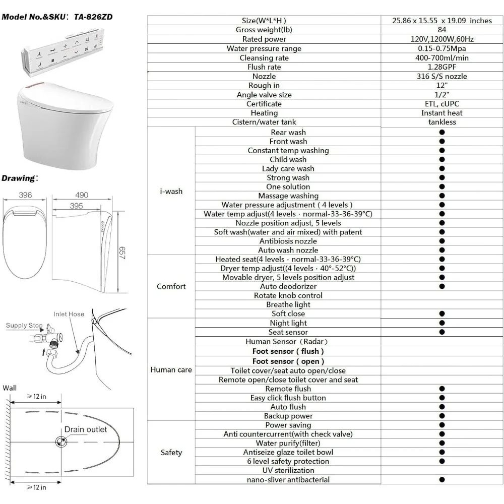 Smart Toilet, Heated Seat, Tankless, Automatic Flushing, Remote Control, One Piece Toilet,with Bidet Built in,Bidet Toilet 6
