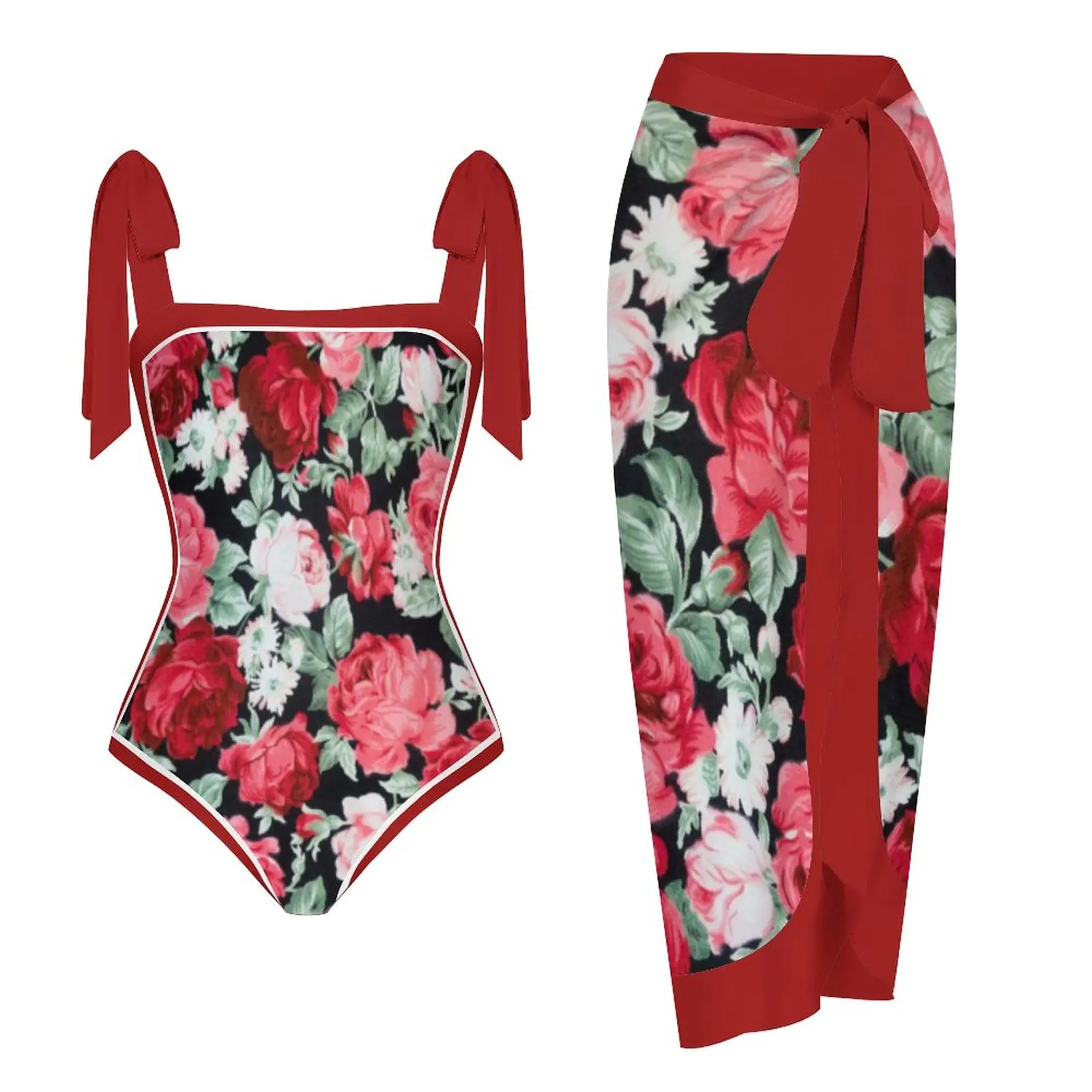 2023 New Fashion Women Cover Swimsuit Retro Print Flat Gorgeous Red Printing And One-Piece Suit With Swimwear Summer Beach Wear