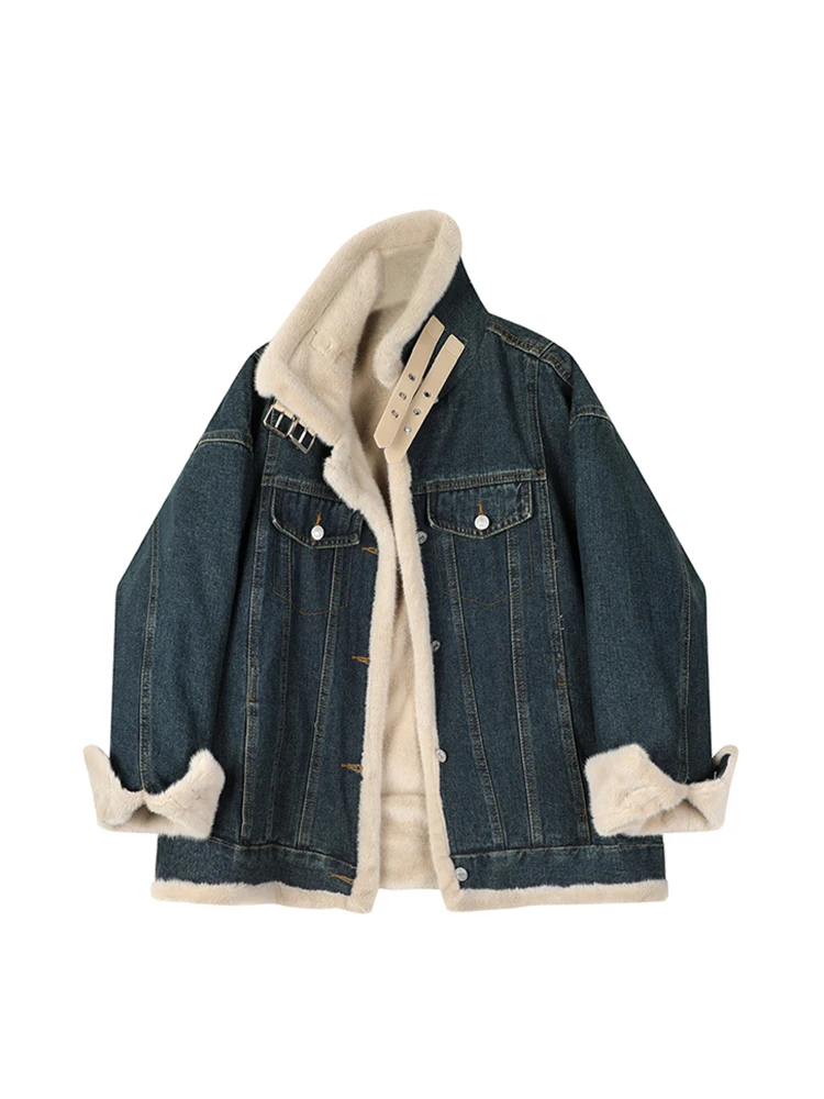 

Women Blue Plush Denim Jacket 90s Aesthetic Jean Jacket Long Sleeve Outerwear Harajuku Korean Y2k 90s Vintage 2000s Clothes 2024