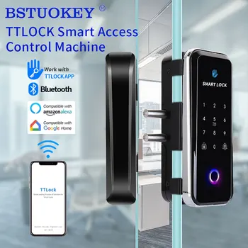 지문 블루투스 TTLOCK 앱 RFID 카드 코드 전자 스마트 잠금 장치, 프레임리스 유리 슬라이딩 도어, 키리스 배선 없음