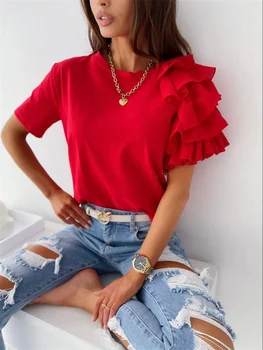 T-shirt allentata a maniche corte con volant estivo da donna Chic elegante tinta unita O collo Top Casual semplice tutto abbinato Tee camicetta streetwear 1