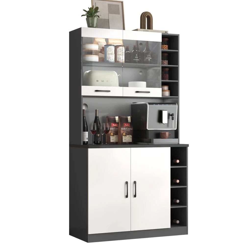 Küchenbuffetschrank mit LED-Leuchten | Freistehendes Highboard aus Holz | Großer Mikrowellenraum und verstellbarer Stauraum | Kabellöcher. – Detail 29