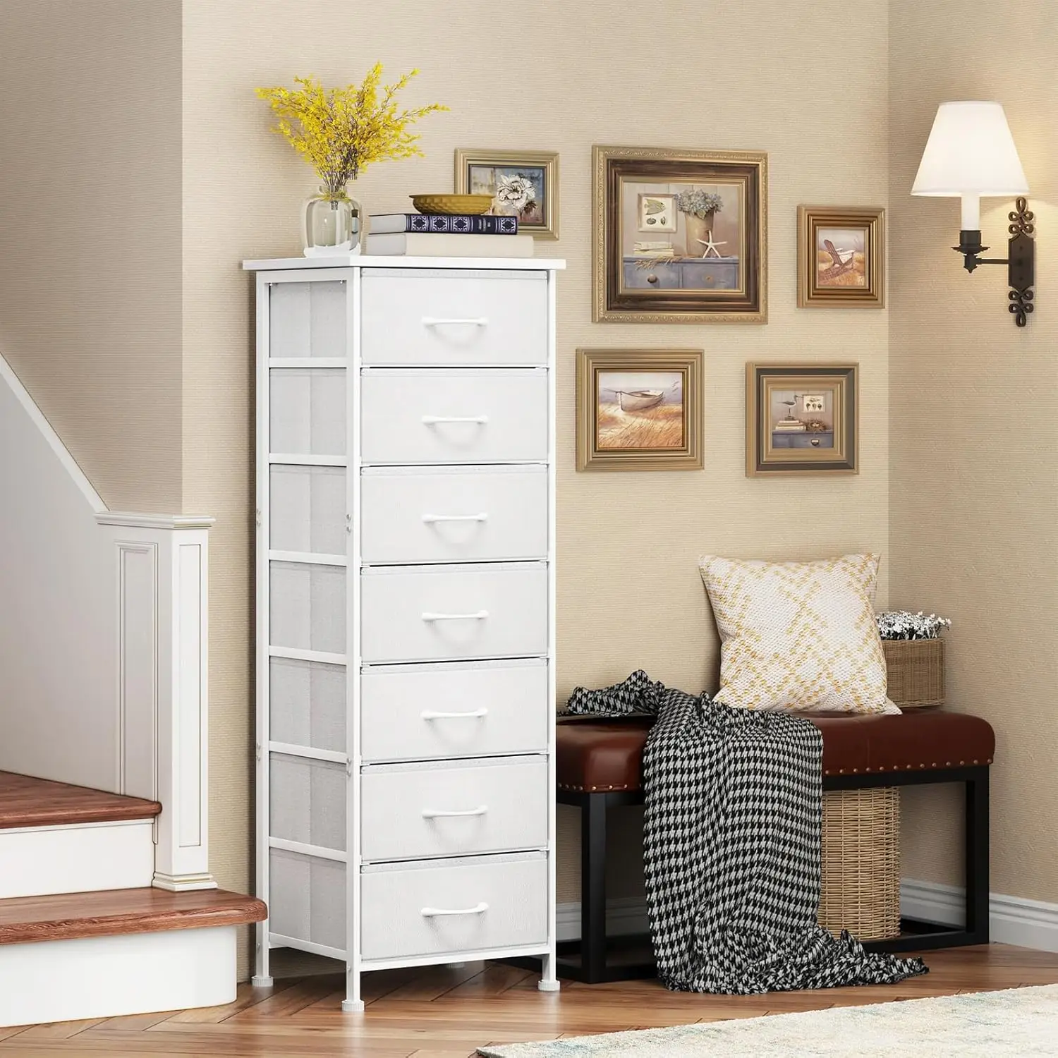 Fixwal White Tall Dresser for Bedroom, Storage Dresser Organizer with 7 Fabric Drawers, Nightstand Furniture in Closet, Entryway 5