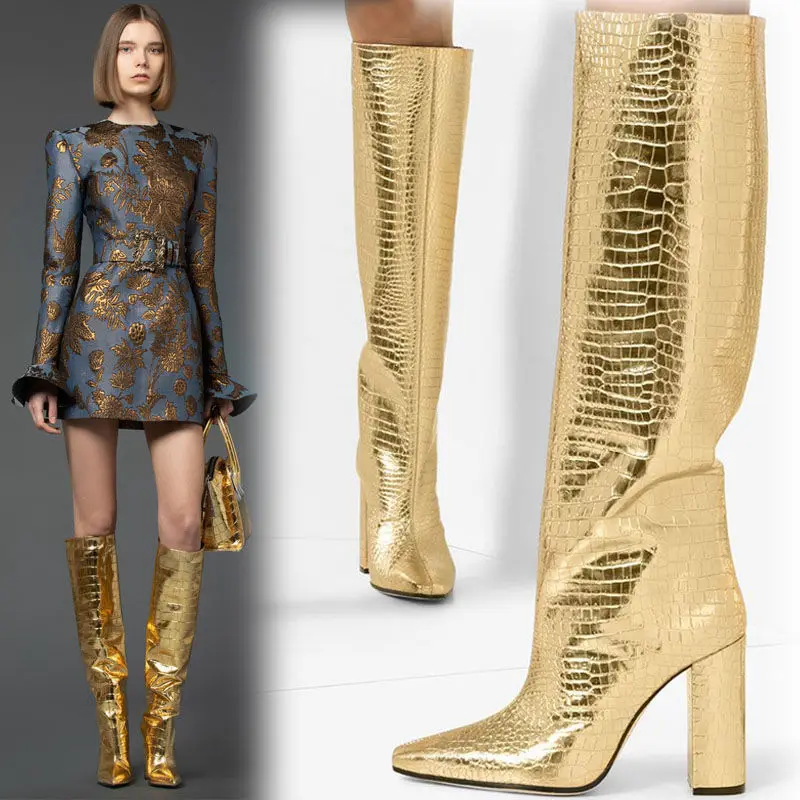 

FHANCHU 2023 Snake Pattern Knee High Boots,Women's High Heels Leather Stage Show Shoes,Autumn Botas,Pointed Toe,Gold,Dropship