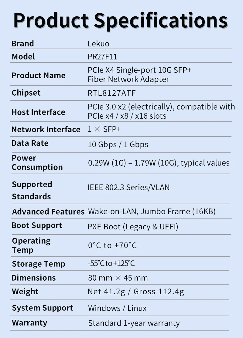 Lekuo 10G PCIe 네트워크 카드 RTL8127 10 기가비트 SFP+ 파이버 NIC 어댑터(서버 워크스테이션용) Linux Windows 로우 프로파일