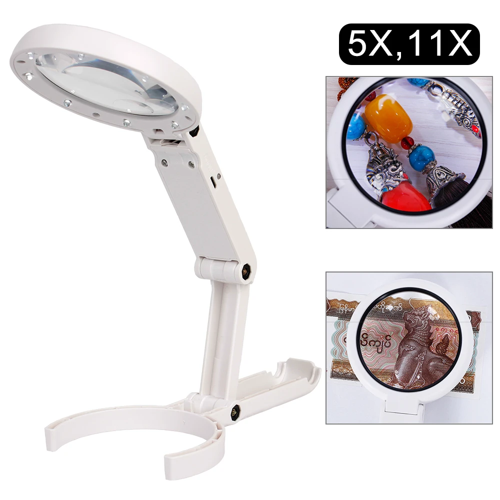 

NICEYARD For Jewelry Appraisal Reading Repair Magnifying Glass Stand Desk with 8 LED Light Foldable 5x 11x Portable Hand-held