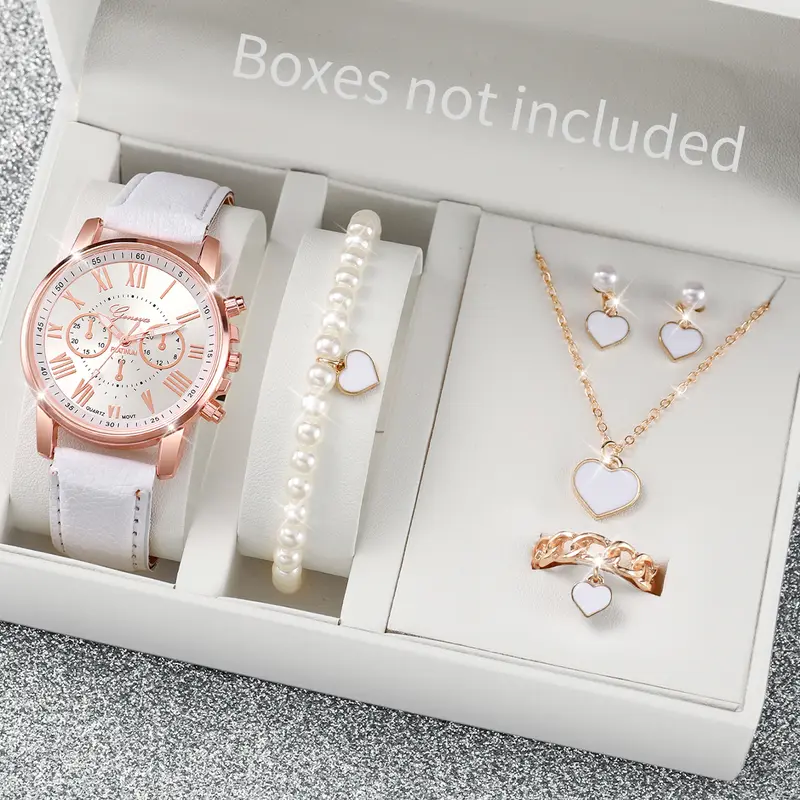 5/6PCS Fashion Women's Quartz Watch Leather Band Analog Wrist Watches Heart Rhinestone Jewelry Set(Without Box) - Image 7