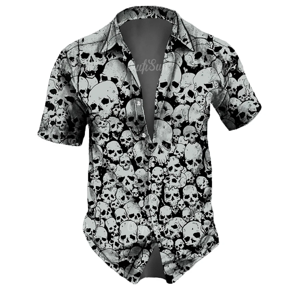 Casual Short Sleeved Shirt Short Sleeved Shirt Hawaiian Shirt Button Down Shirt Skull Lapel Men Shirts Horror 3d Print Hawaiian Retro Street Button Short Sleeves