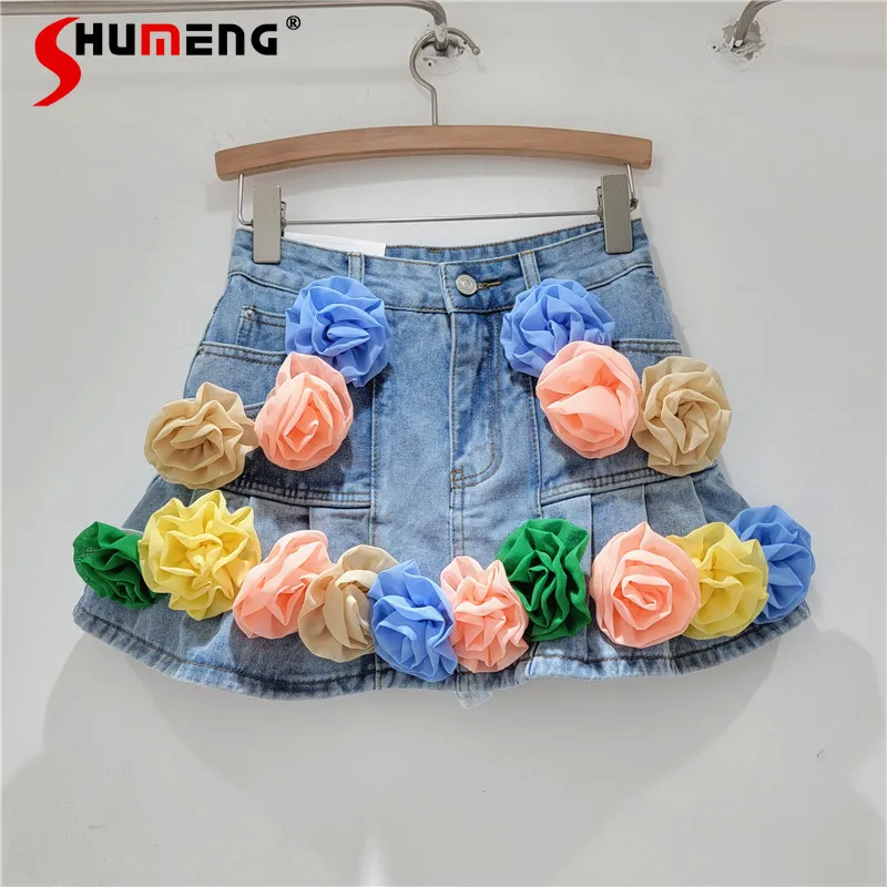 

Sweet Tridimensional Flower Blue Denim Skirt 2024 Summer New Korean Ornament Hem High Waisted Anti-Exposure Short Jean Pantskirt