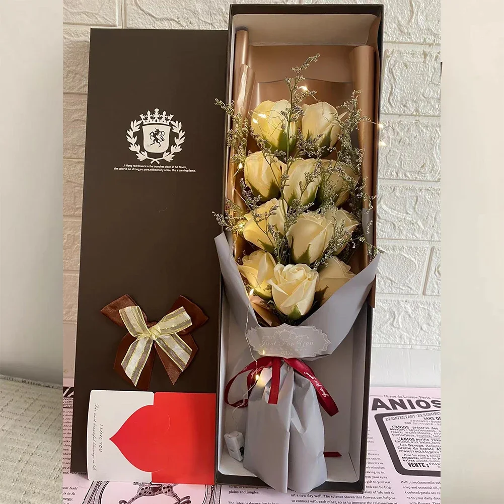 1Pc Soap Rose Flower Bouquet Gift Box With String Light Girlfriend Party Decoration Rose Flower Present Valentine's Day Gift