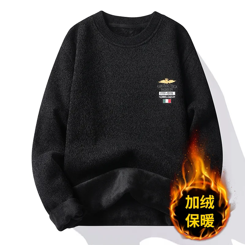 Men's Sweater Spring and Autumn Thick Plush Thickened Round Neck Knitted Bottom Shirt Men's Inner Layer Autumn and Winter 2023 N