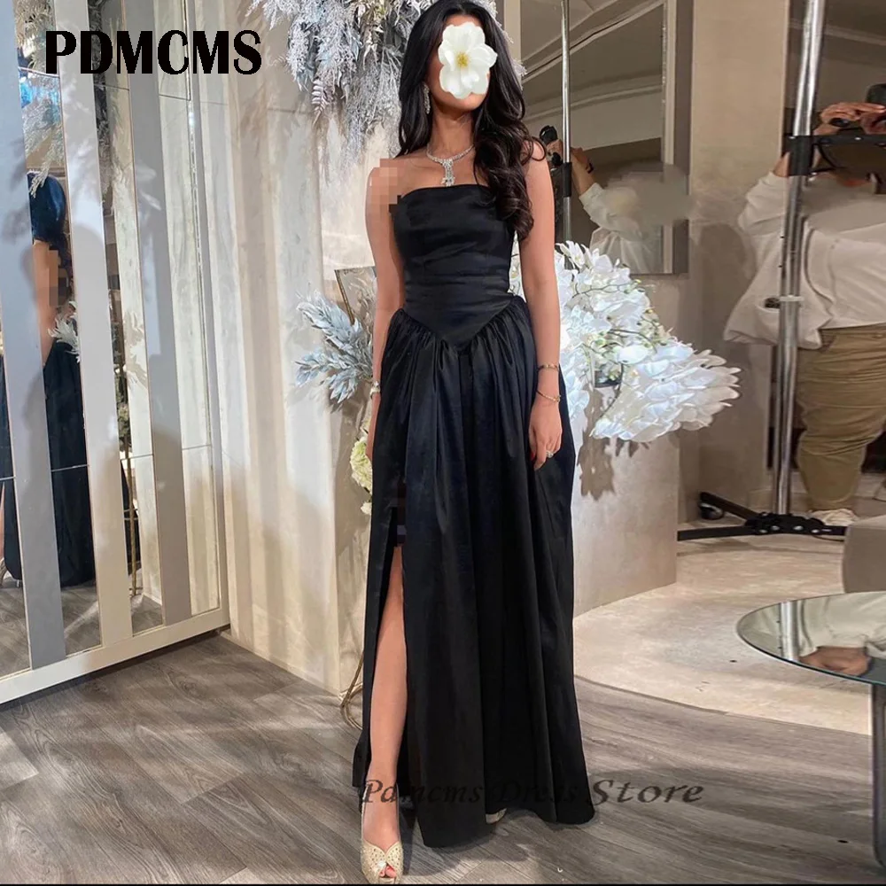 

PDMCMS Strapless Arabic Evening Dresses Black Side Split Draped Satin Celebrate Prom Dress Floor Length Dubai Women Party Gowns
