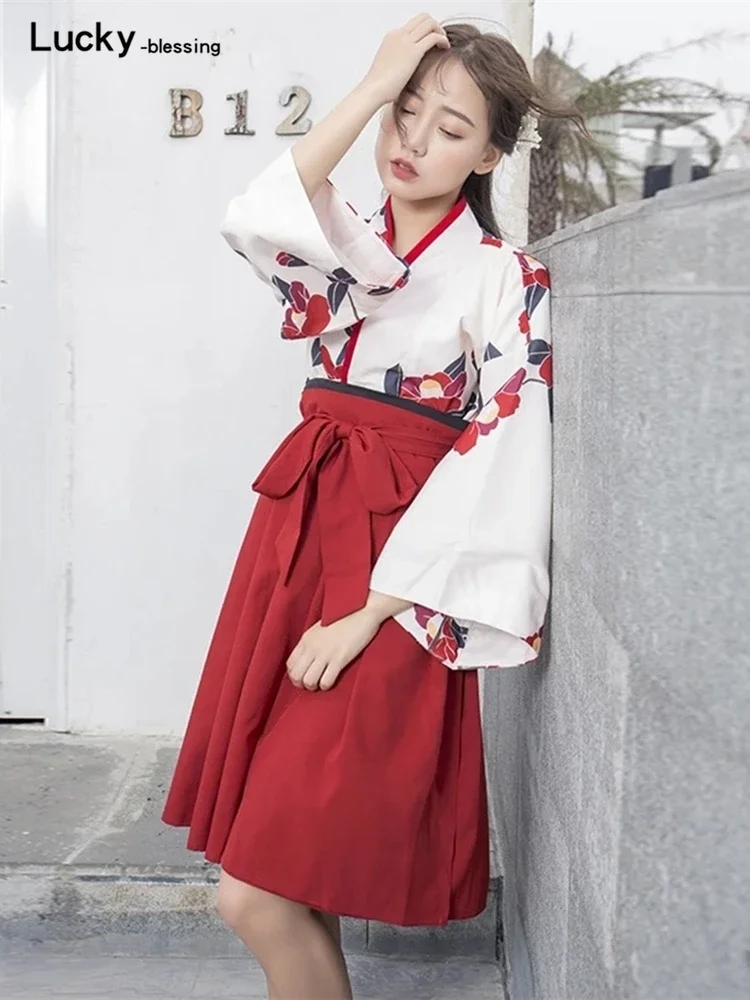 Japanese Style Floral Print Dress Long Kimono Skirt Kawaii Clothing Girls Party Robe Set Vintage Costume Asian Cosplay Women New