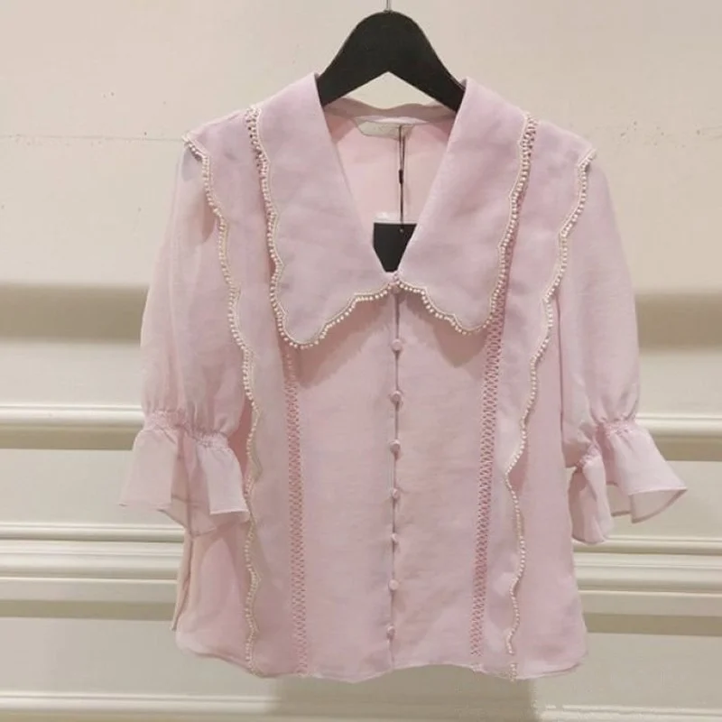 Женская рубашка на пуговицах кружевная блузка с отложным воротником и