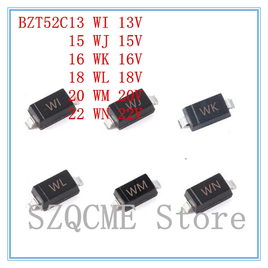 50pcs Smd Zener Diode Sod123 1206 500mw 1/2w Bzt52c13 Wi Bzt52c15 Wj