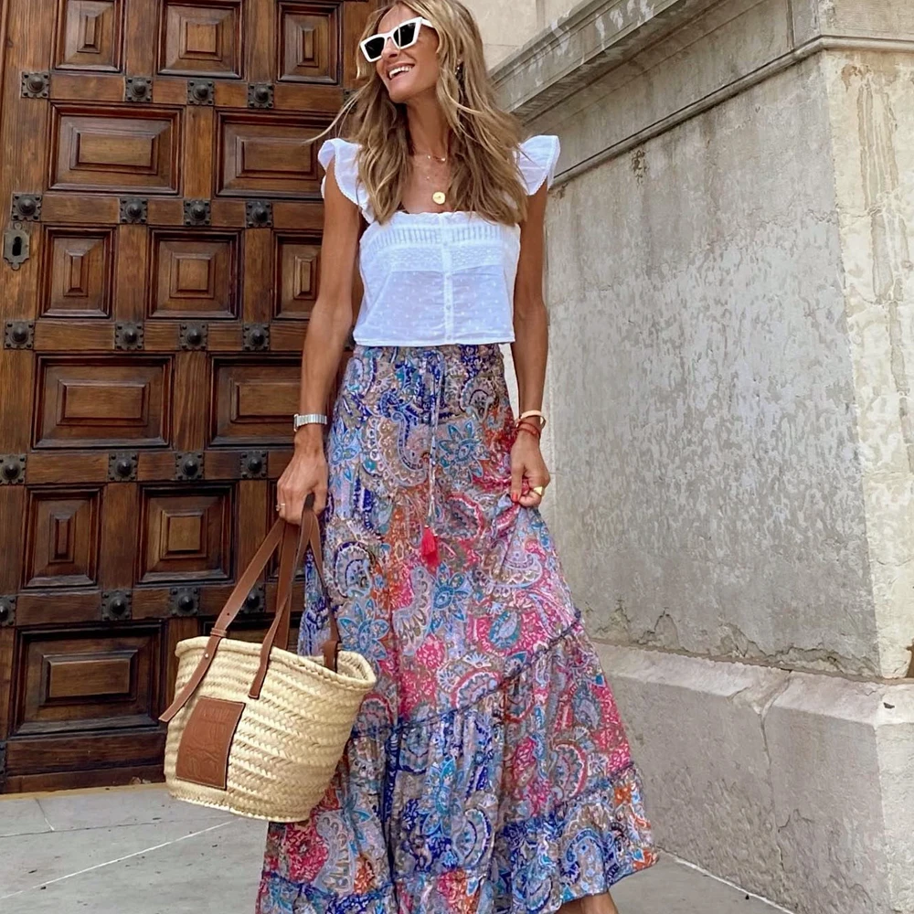 Streetwear Party Women Ruffle High Waist Long Skirt Summer Bohemian Floral Print A-line Skirt Casual High Waist  Beach Maxi Skir a life on the left women silk skirt summer mulberry silk flowing comfortable soft eight colors classic versatile mid length skir