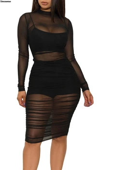 Women Mesh See Through 3 Piece Set Bodycon Ruched Cover Up Midi Dress+Camis+Shorts 3 Pieces Suits Sexy Night Club Party Outfits 3