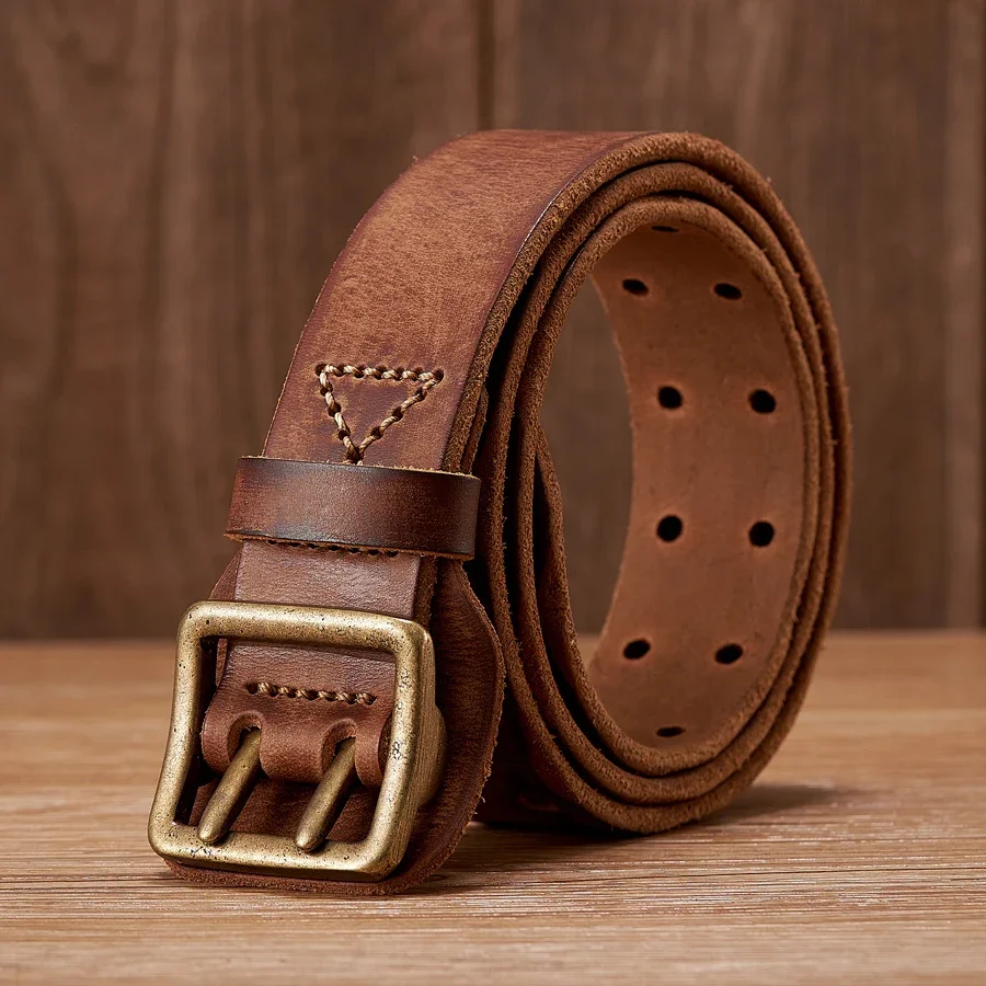 New 3.8CM Vintage Men's Wide Belt Male Cowhide Real Genuine Leather Double Prong Buckle Handmade Strap Fashion Jeans Cowboy Belt