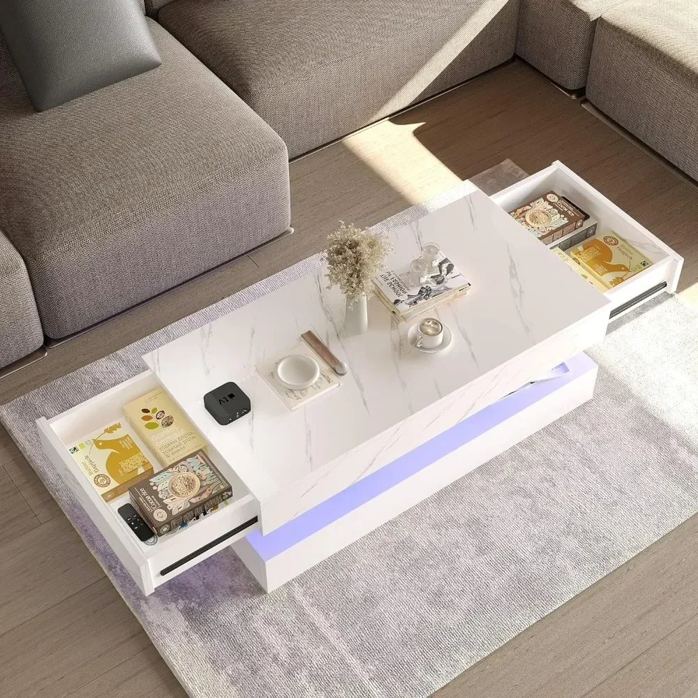 

LED Coffee Table with 2 Storage Drawers, High Gloss White Coffee Tables w/20 Colors LED Lights, 2 Tiers Rectangle Center Table