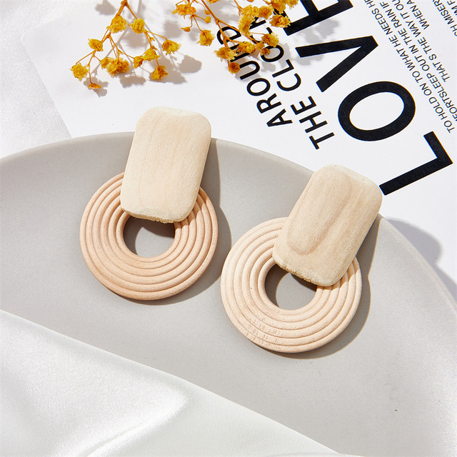 Ethnic Wooden Handmade Beaded Geometric Round Square Drop Earrings For Women Boho Style Accessories
