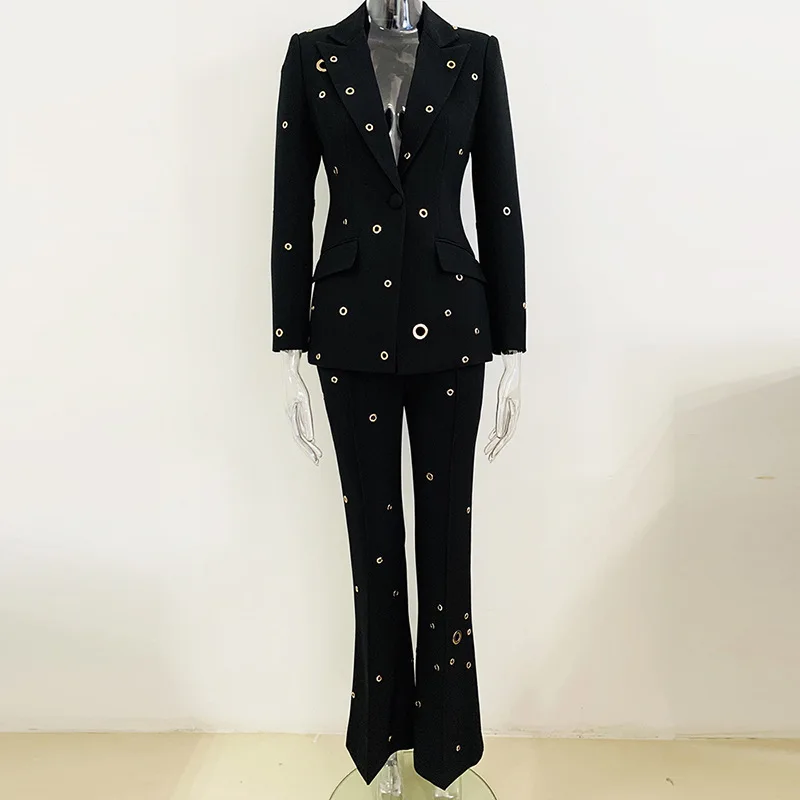 

Spot 2023 European and American star fashion new heavy metal hole one button suit jacket trousers set two pieces