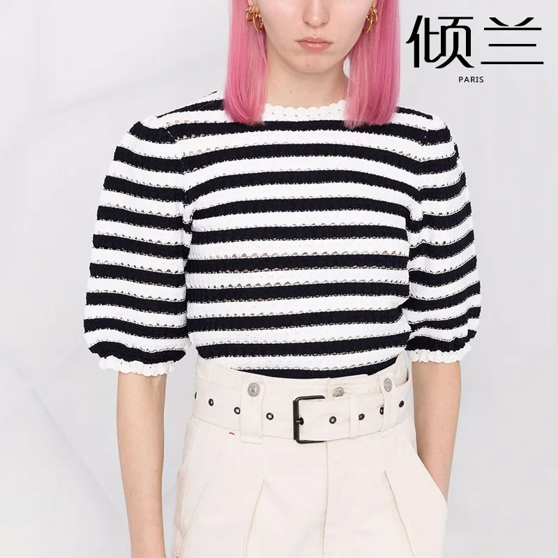 

PATADS French M Family 2024 Spring/Summer New Women's Fashion French minimalist striped hollowed out crochet knit top 00474