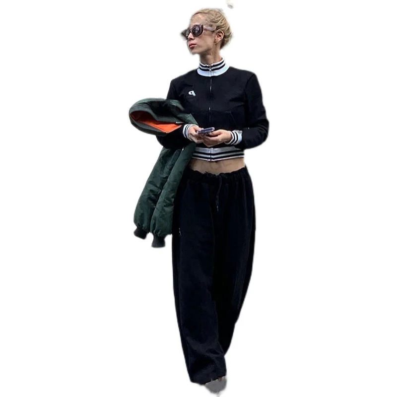 

Retro Hot Girl Black Sports Casual Zipper Short Sweater Coat Set All-Matching