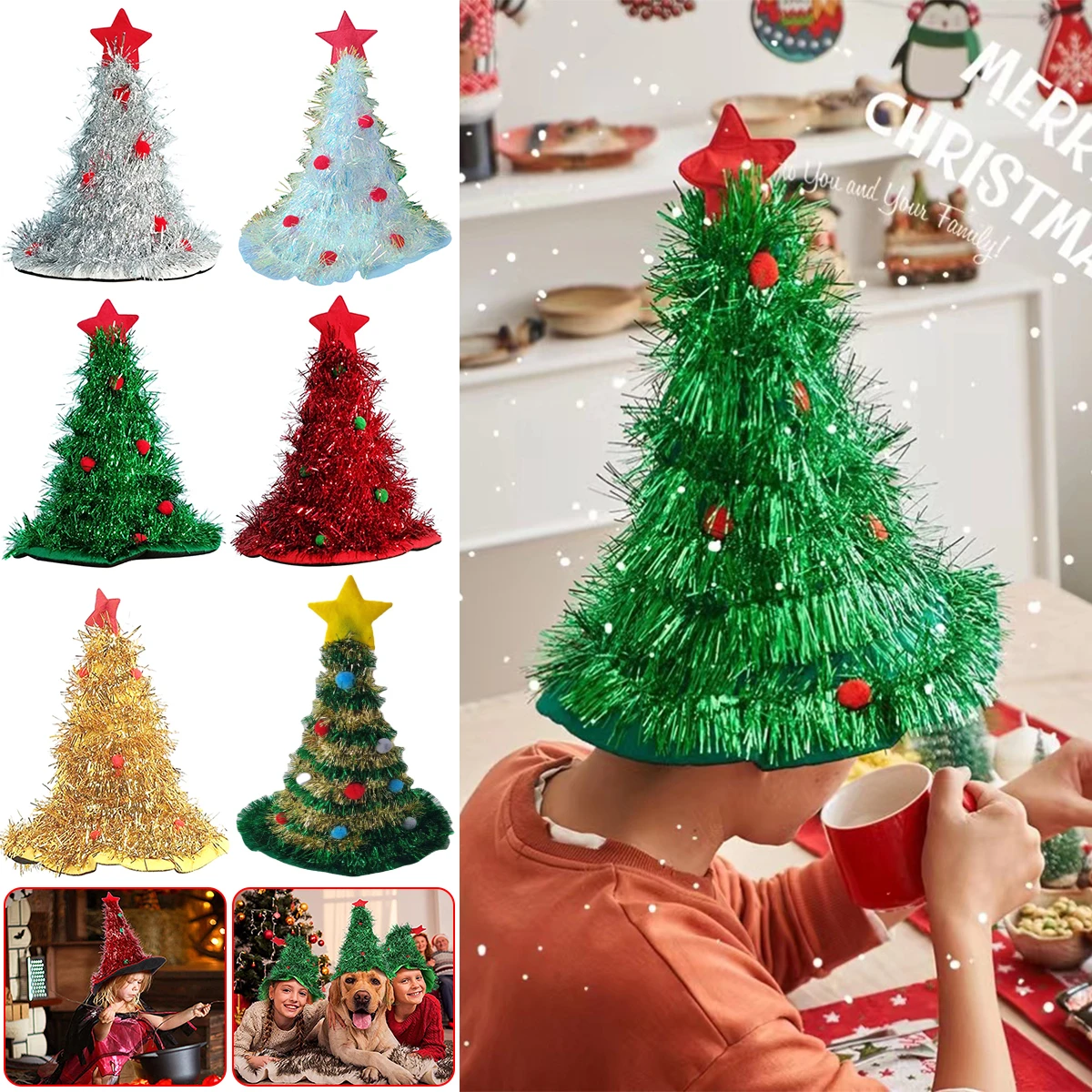 Description Picture 4 of itemNew Creative Christmas Hat Shiny Tinsel Colorful Poms Christmas Themed Hats Clothing Party Role-Playing Home Holiday Party Decor
