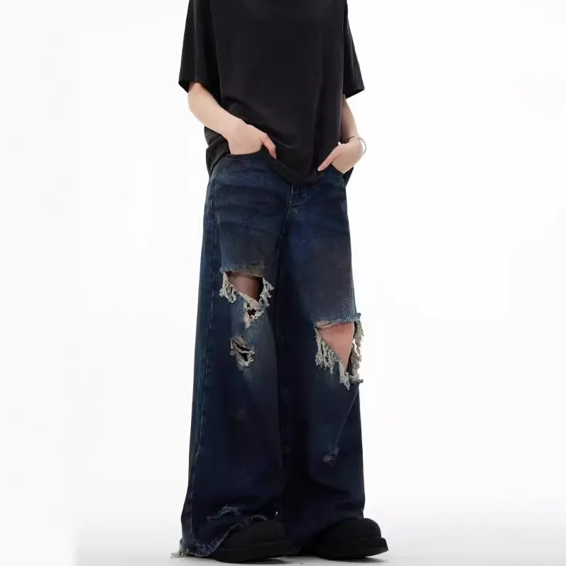 Y2K Ripped Denim Jeans Men Summer Straight Hip-Hop Punk Wide-leg Pants Casual Full Length Solid Cotton Male Vintage Trousers