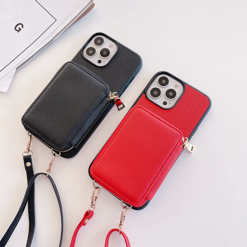 

Black Leather Long Metal Chain Cover Strap For Iphone 13 12 11 Pro Max 13Pro Cross Pattern Zipper Lanyard Card Holder Phone Case