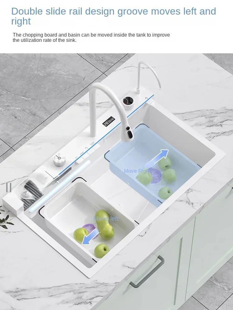 White flying rain waterfall sink integrated multi-functional large single slot 304 stainless steel vegetable washing sink 4