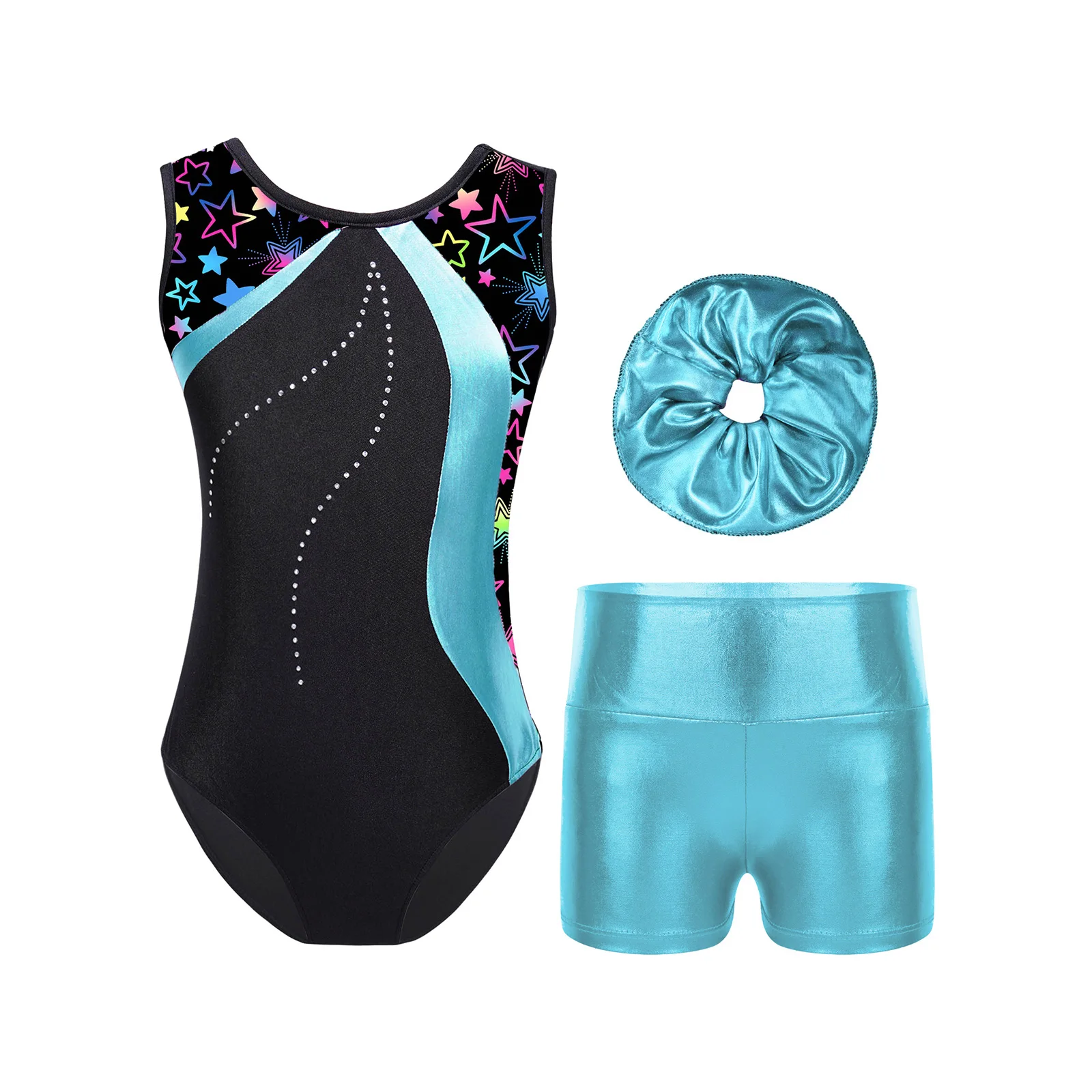 TiaoBug Kids Girls 4 to 14 Years Gymnastics Figure Skating Dress Costume Sleeveless Printed Leotard High Waist Shorts Hair Band