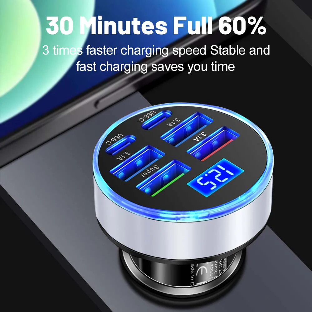 Total 150W USB C Car mobile phone Charger Adapter 4USB+2PD Super Fast Charge with Voltage Monitor for iPhone Samsung