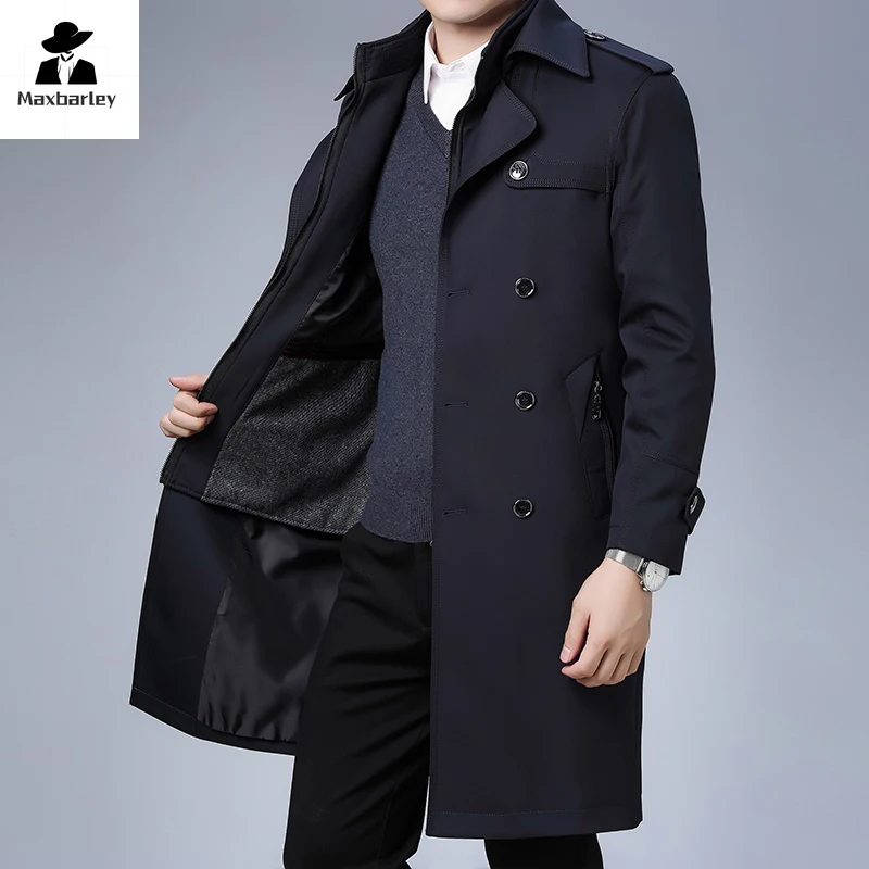 Thickened British Windbreaker Men's Long Knee-length Warm Coat For Winter Men's Detachable Wool Liner Double-breasted Jacket
